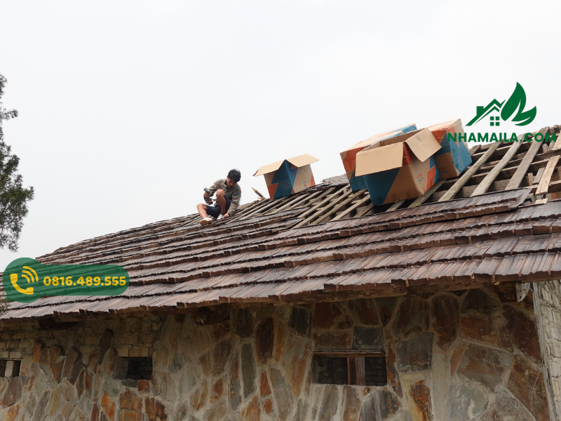 thi công mái pơ mu nhân tạo